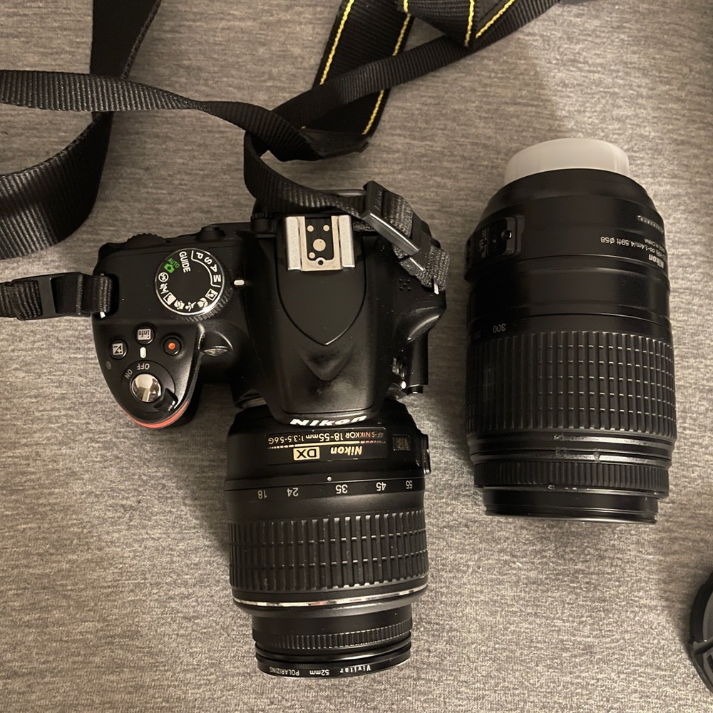 Nikon d3200 with kit lens and 55-300 mm lens